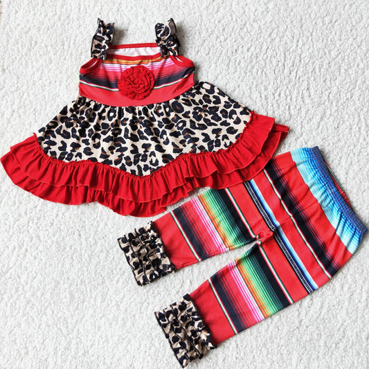 Promotion RTS D3-18 Red Leopard Stripes Tunic Patchwork Girls Short Sleeve Bell Bottom Pants Outfits