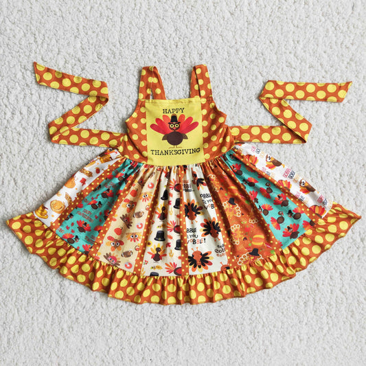 Promotion RTS D4-11 Thanksgiving Day Orange Dots Turkey Belt Sleeveless Dresses for Girls