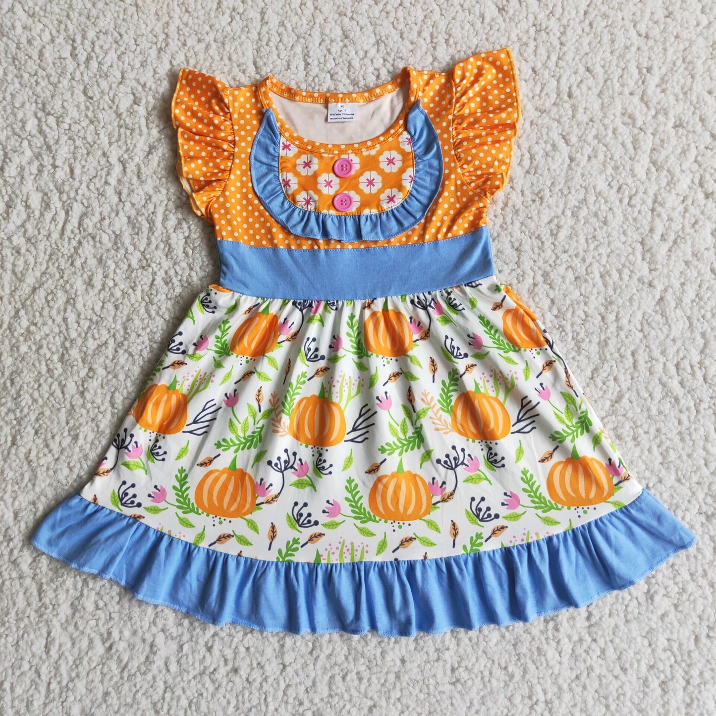 Promotion RTS D4-13 Fall Pumpkin Flower Flutter Sleeve Girls Dress