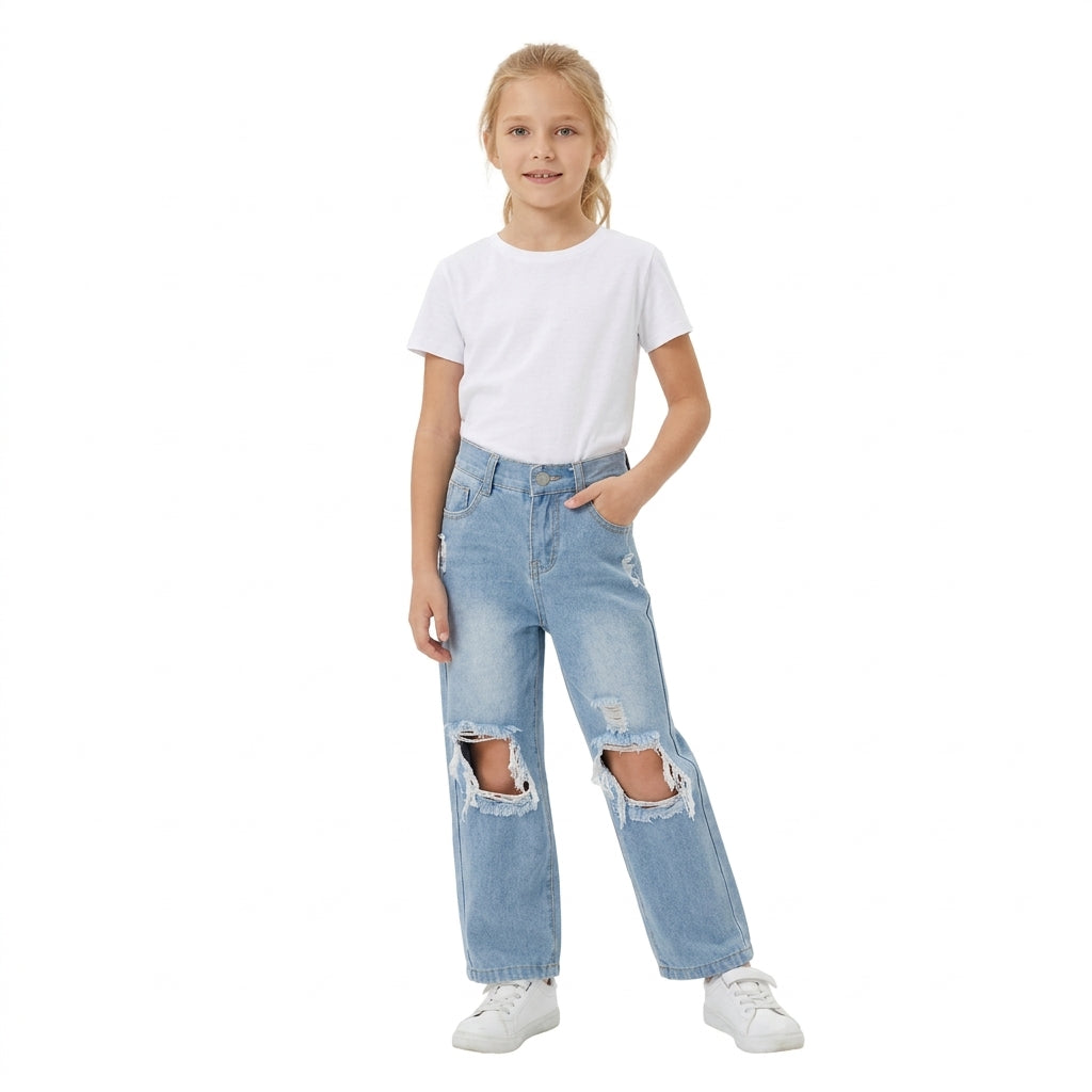 D4-16 Fashion Ripped Hole Jeans Denim Flared Pants Boy And Girl