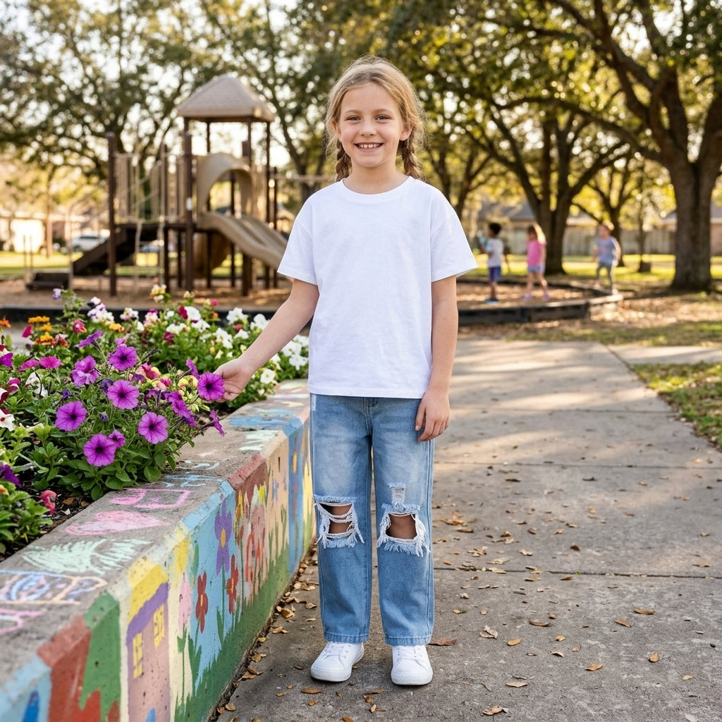 D4-16 Fashion Ripped Hole Jeans Denim Flared Pants Boy And Girl