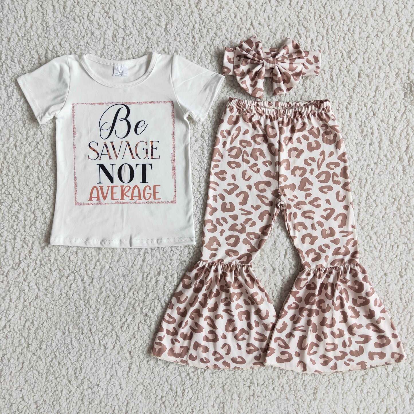 Clearance D8-16 Be Savage Not Average Leopard Pink Girls Short Sleeve Bell Bottom Pants Outfits