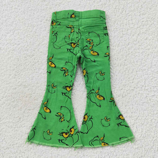 P0230 Christmas Green Cartoon Girls Bell Bottom Denim Jeans