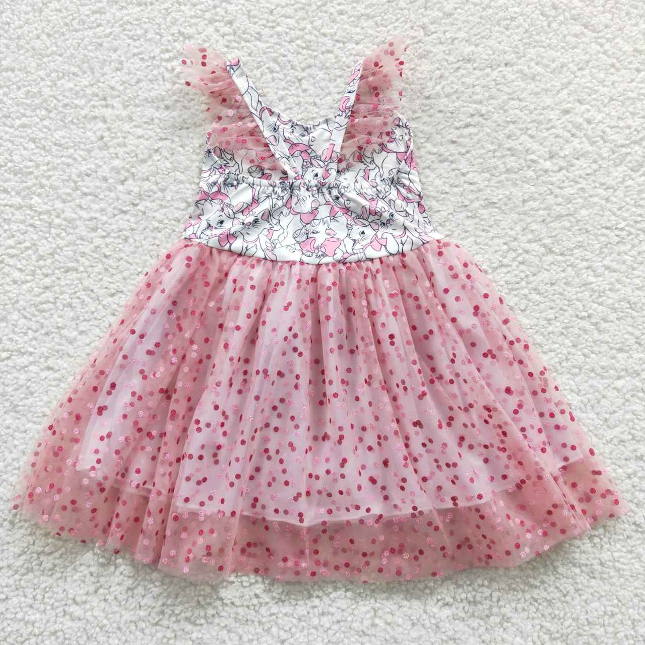 GSD0360 Pink Cat Cartoon Tulle Tutu Girls Short Sleeve Dresses