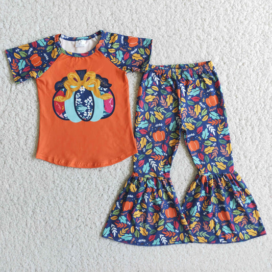promotion RTS E1-3 Halloween Pumpkin Floral Orange Blue Girls Short Sleeve Bell Bottom Pants Outfits