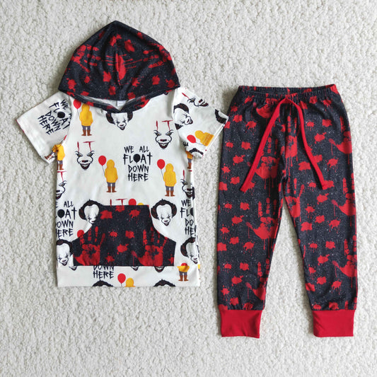 Promotion RTS E2-18 Halloween Red Black Clown We All Float Down Here Pocket Boys Short Sleeve Hoodies Outfits