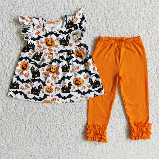 promotion RTS E3-5 Halloween Flying Sleeve Orange Pants Girls Outfits