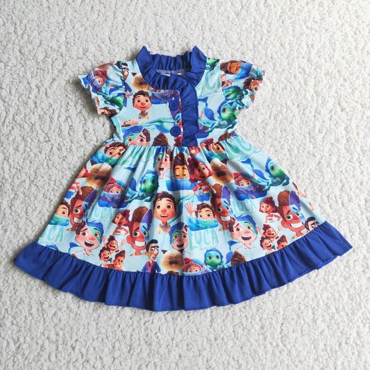 Clearance E4-2  Blue  Cartoon Girls Short Sleeve Dresses