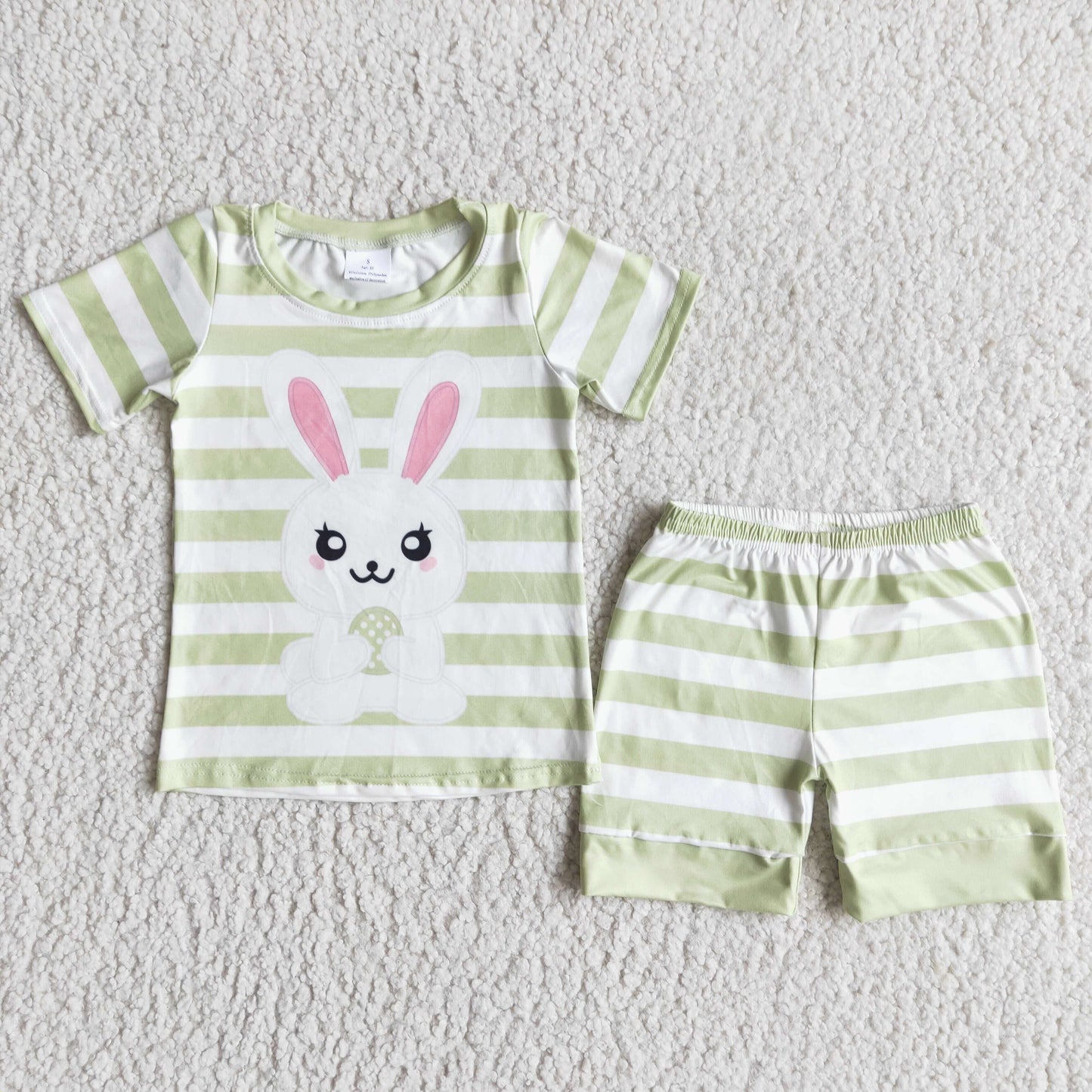 Promotion RTS E5-12 Easter Bunny Light Green Stripe Short Sleeve Shorts Girls Sets