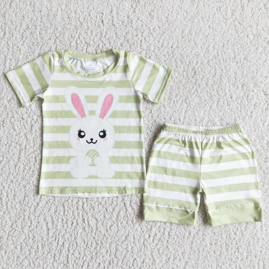 Promotion RTS E5-12 Easter Bunny Light Green Stripe Short Sleeve Shorts Girls Sets