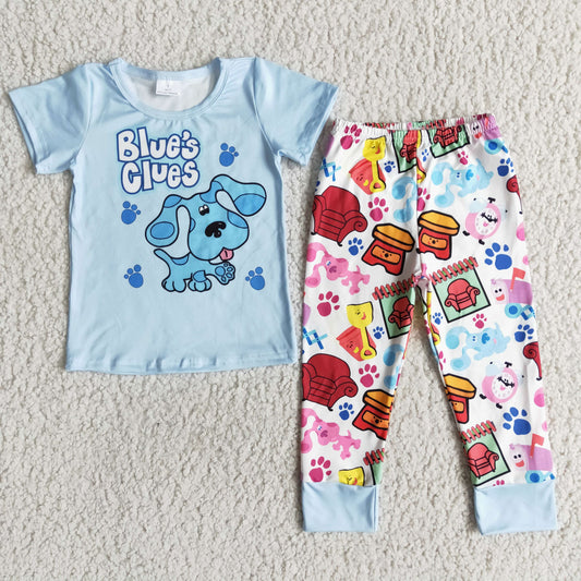 Clearance E6-14 Boys clues Dog Blue short sleeve pant suit High quality