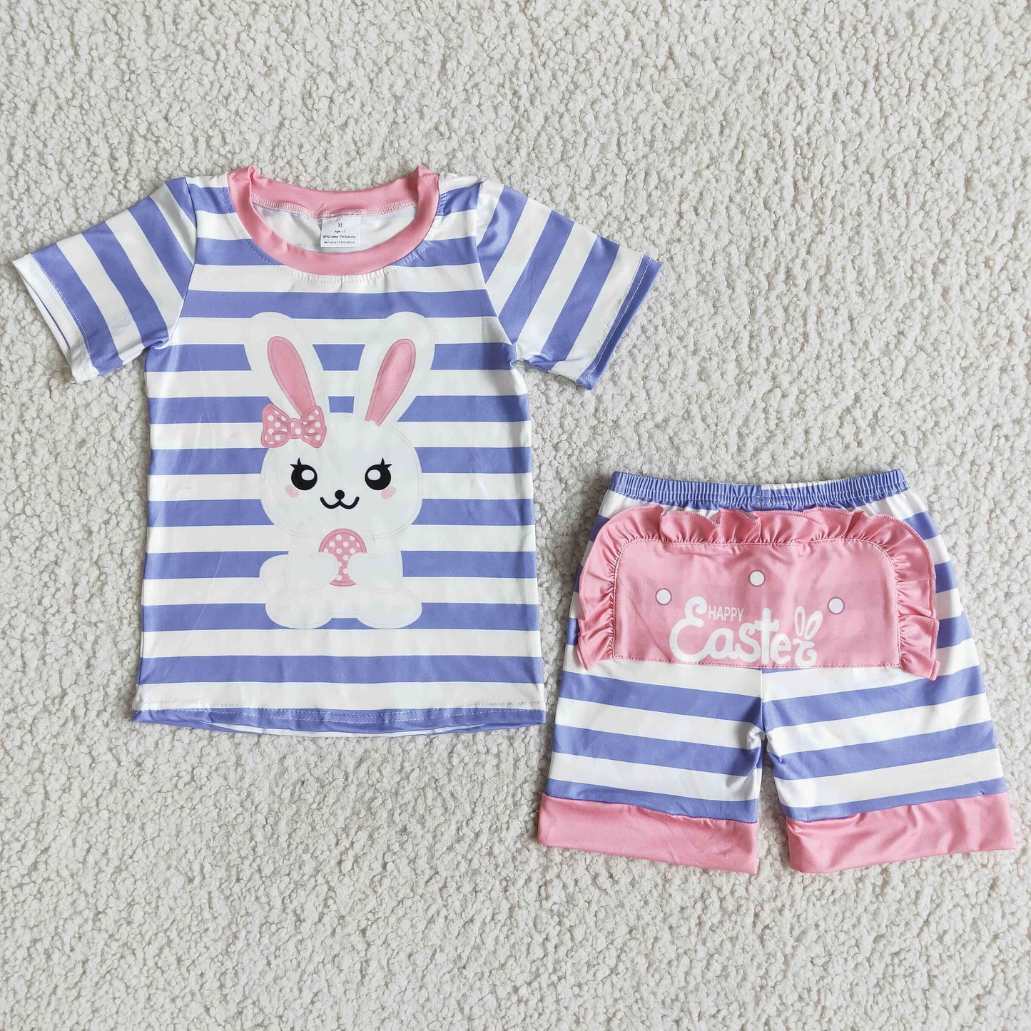 Promotion RTS E7-17 Easter Bunny Pink Purple Short Sleeve Shorts Girls Sets