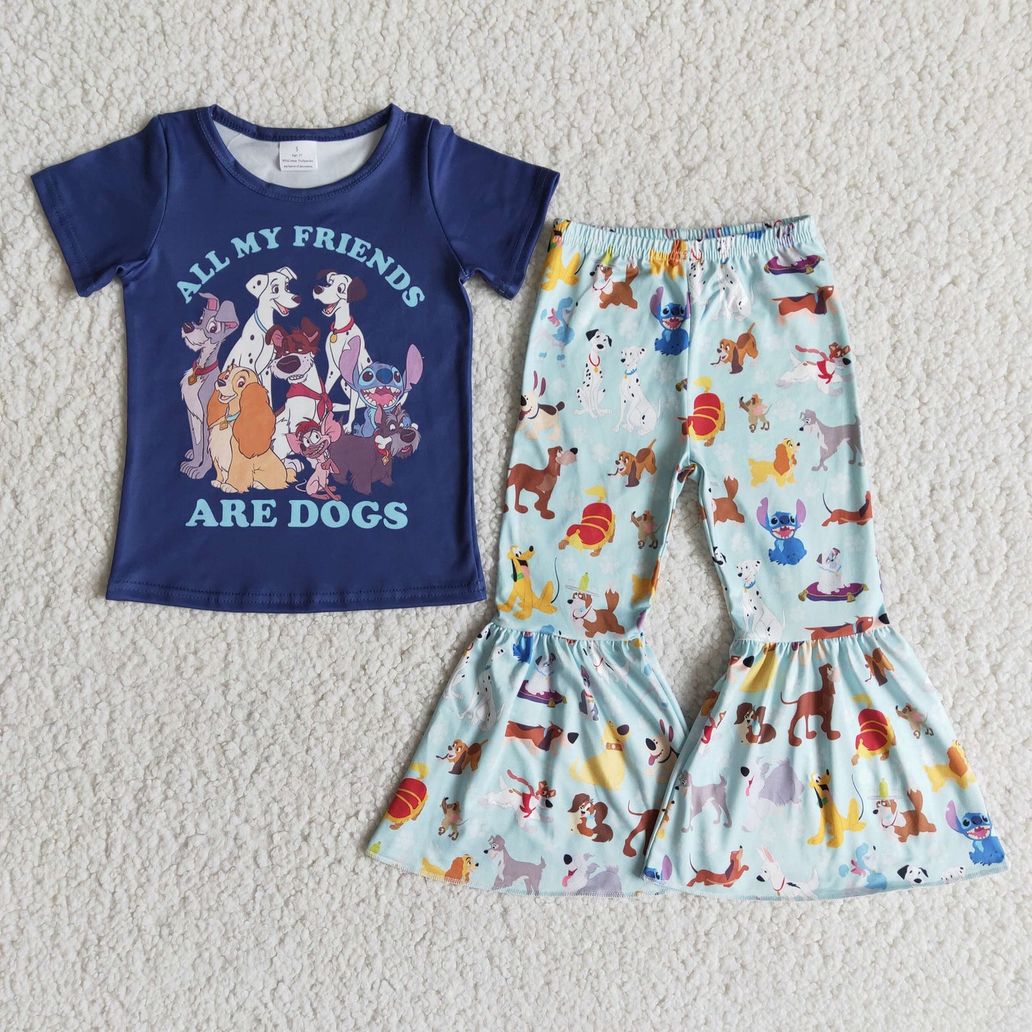 Promotion RTS E7-18 ARE.DOGS Dark Blue Girls Short Sleeve Bell Bottom Pants Outfits