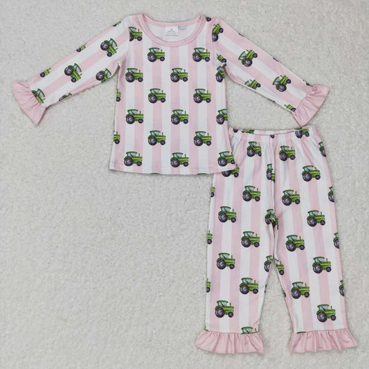 GLP0776  Pink Green Truck Farm  Girls Long Sleeve Pants Outfits Pajamas