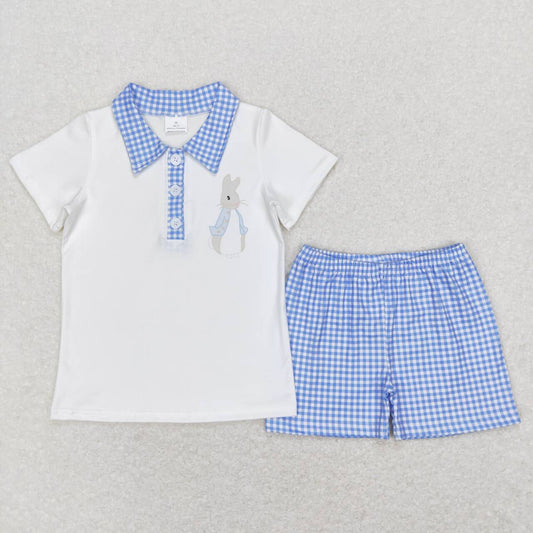 BSSO0415 Easter  Blue Rabbit Collar Boys Short Sleeve Shorts Outfits