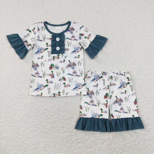 GSSO0548 Blue duck  Girls Short Sleeve Shorts Outfits Pajamas