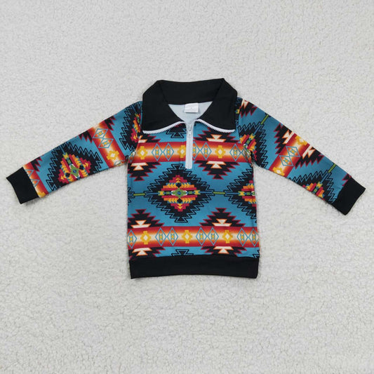 BT0227 Blue Western  Winter Boys Long Sleeve Top Collar T-Shirts