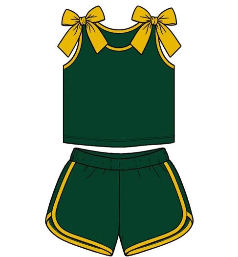 CUSTOM MOQ 5 PCS Preorder GO TEAM Bows Golden Dark Green Sleeveless Shorts Girls Sets 202608