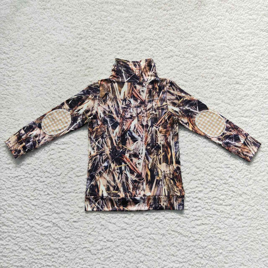 BT0333  Green Dog Camo Boys Long Sleeve Top Collar Polo Pullover T-Shirts