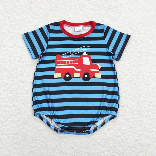 SR0836 Blue Firemen Red Car Girls Short Sleeve Romper