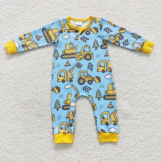 LR0492 Yellow Blue Truck Zipper Girls Long Sleeve Romper