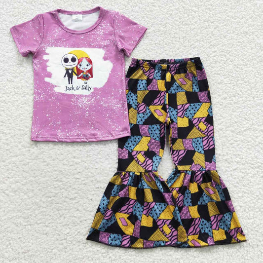 C9-13 Halloween Purple Ghost Cartoon Girls Short Sleeve Bell Bottom Pants Outfits