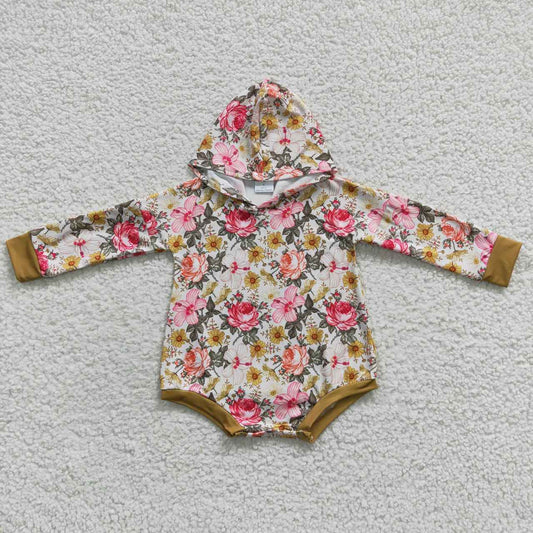 LR0299 Pink Floral Flower Hoodies Girls Long Sleeve Romper