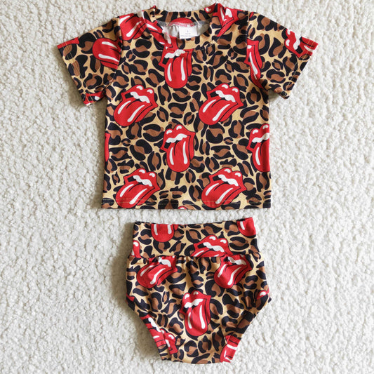 Clearance GBO0016 NO MOQ High quality girls short sleeve leopard print Red Tongue briefs set