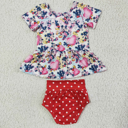 Clearance GBO0036 NO MOQ High quality girls Mickey short sleeve red and white dot briefs set