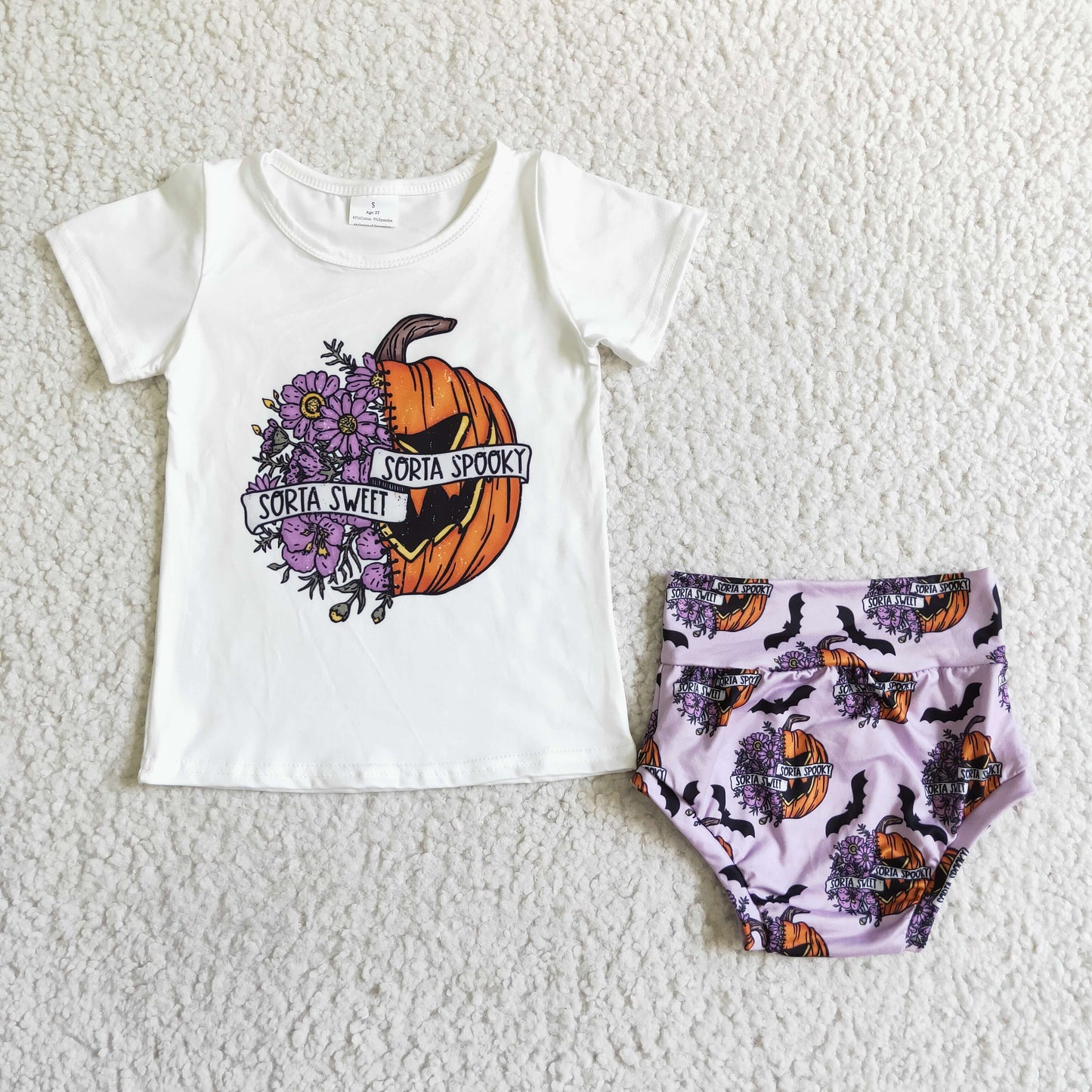 Clearance GBO0062 Girls Halloween pumpkin flower short sleeve briefs set