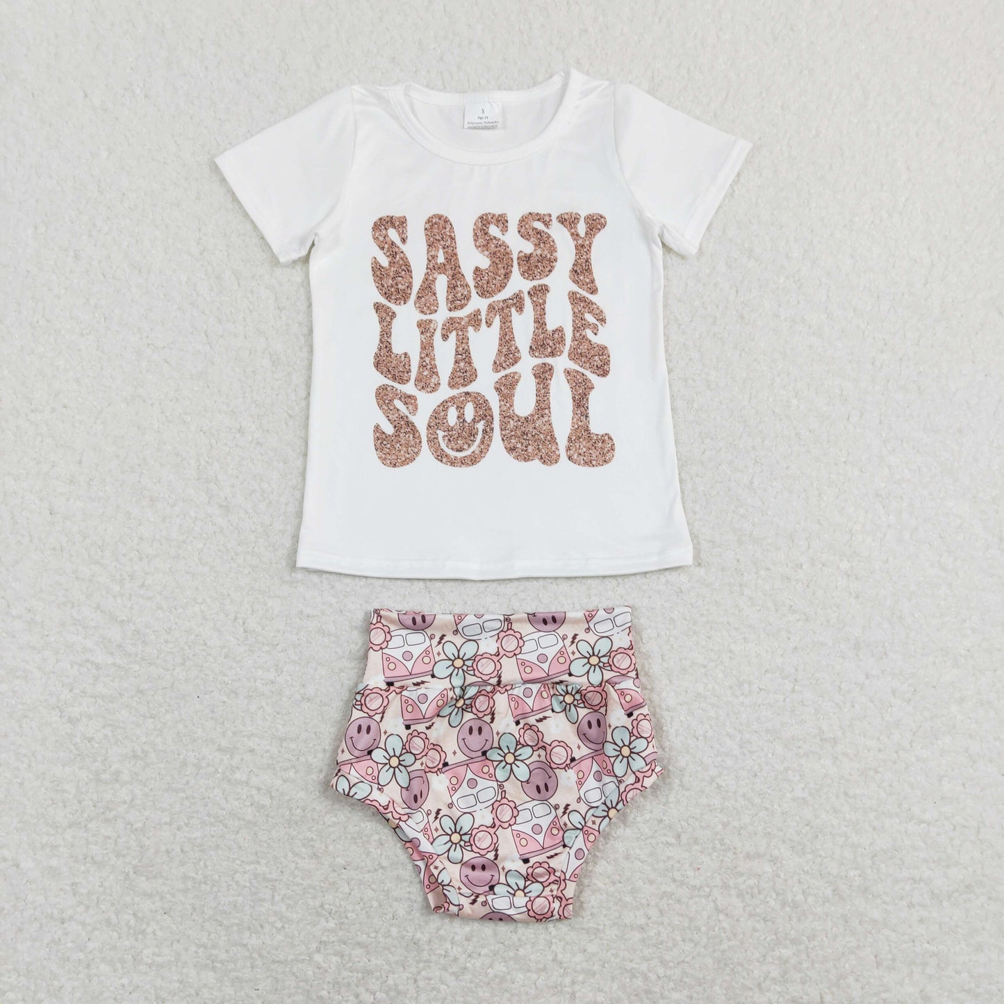 GBO0207 sassy little soul Letter Smile Face White Short Sleeve Bummies Girls Outfits