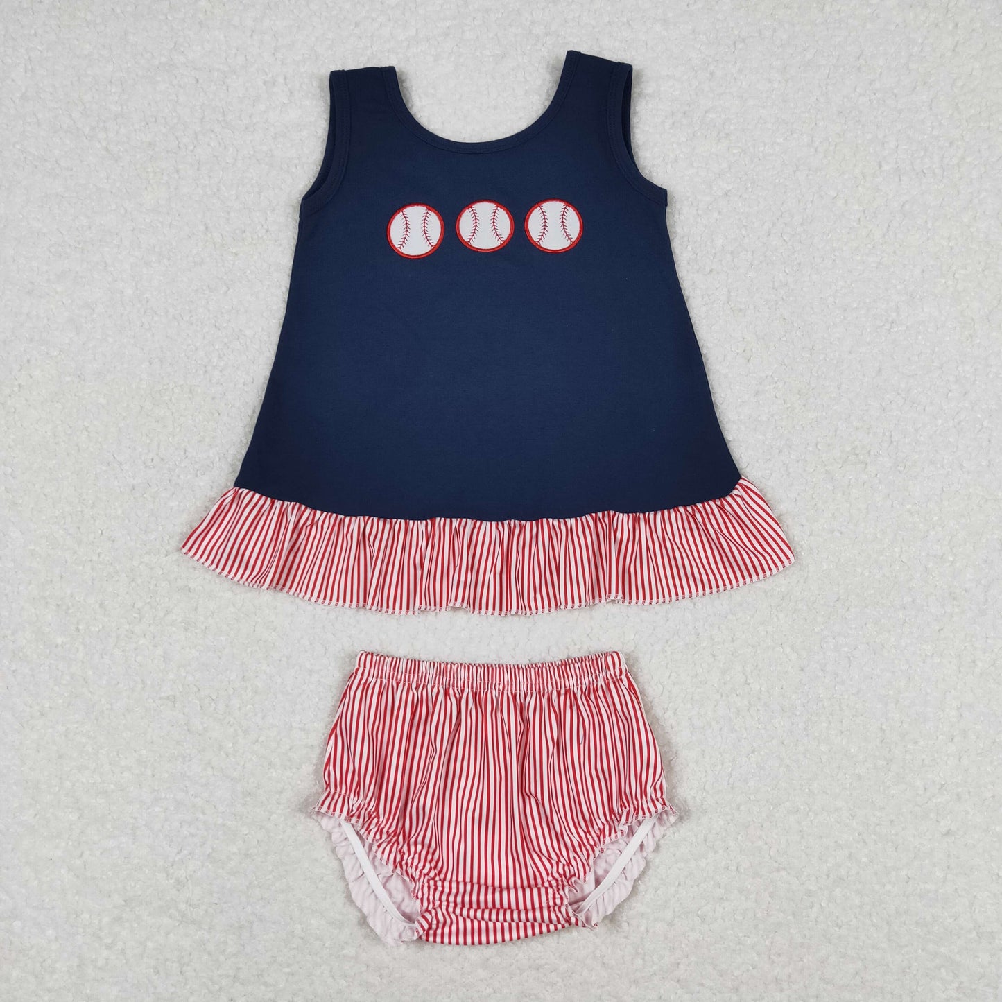 GBO0209 Embroidered baseball navy sleeveless red and white striped briefs suit girl kids clothing sets