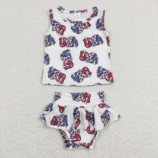 GBO0225 4th of July USA Letter Star White Sleeveless Girls Bummies Outfits RTS 202508