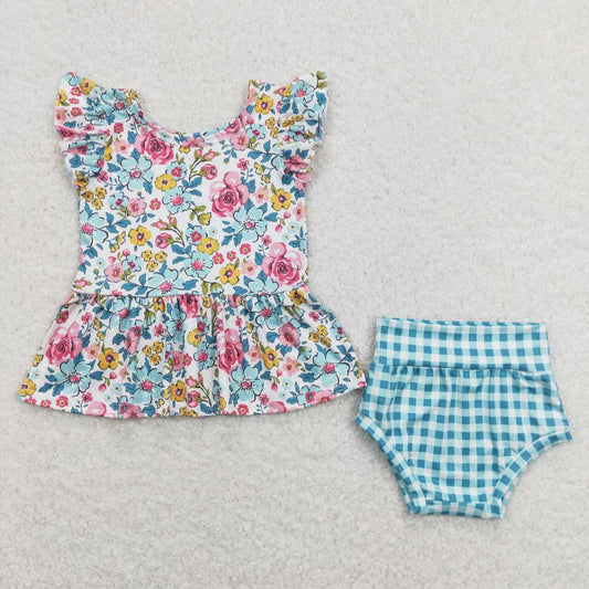 GBO0257 Flower Blue Green Flying Sleeve Plaid Briefs Girls Sets RTS 202507