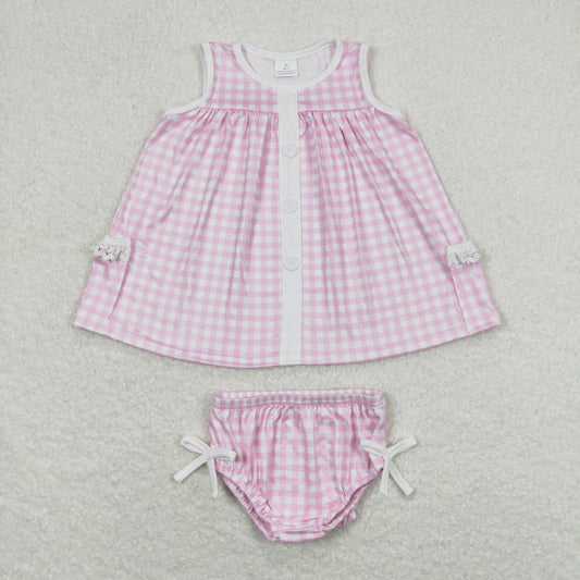 GBO0263 Girls Boutique Pink Plaid Lace Ruffle Pocket Sleeveless Top Briefs Set  20240408 RTS