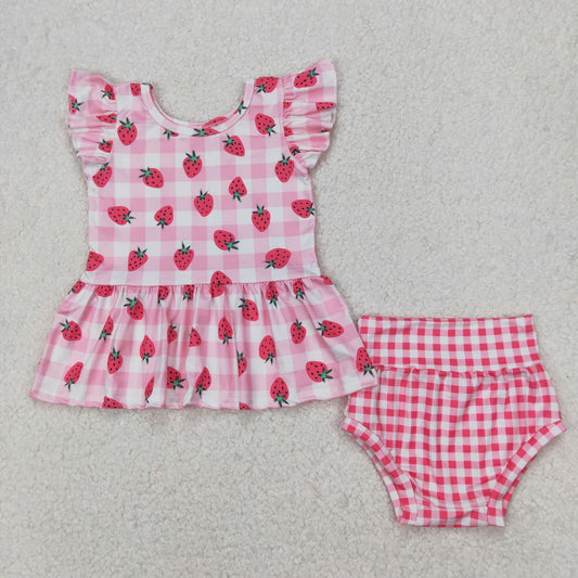 GBO0264 Pink Strawberry Plaid Ruffle Fly Sleeve Top Briefs Set Girls Boutique Outfits 202503 RTS