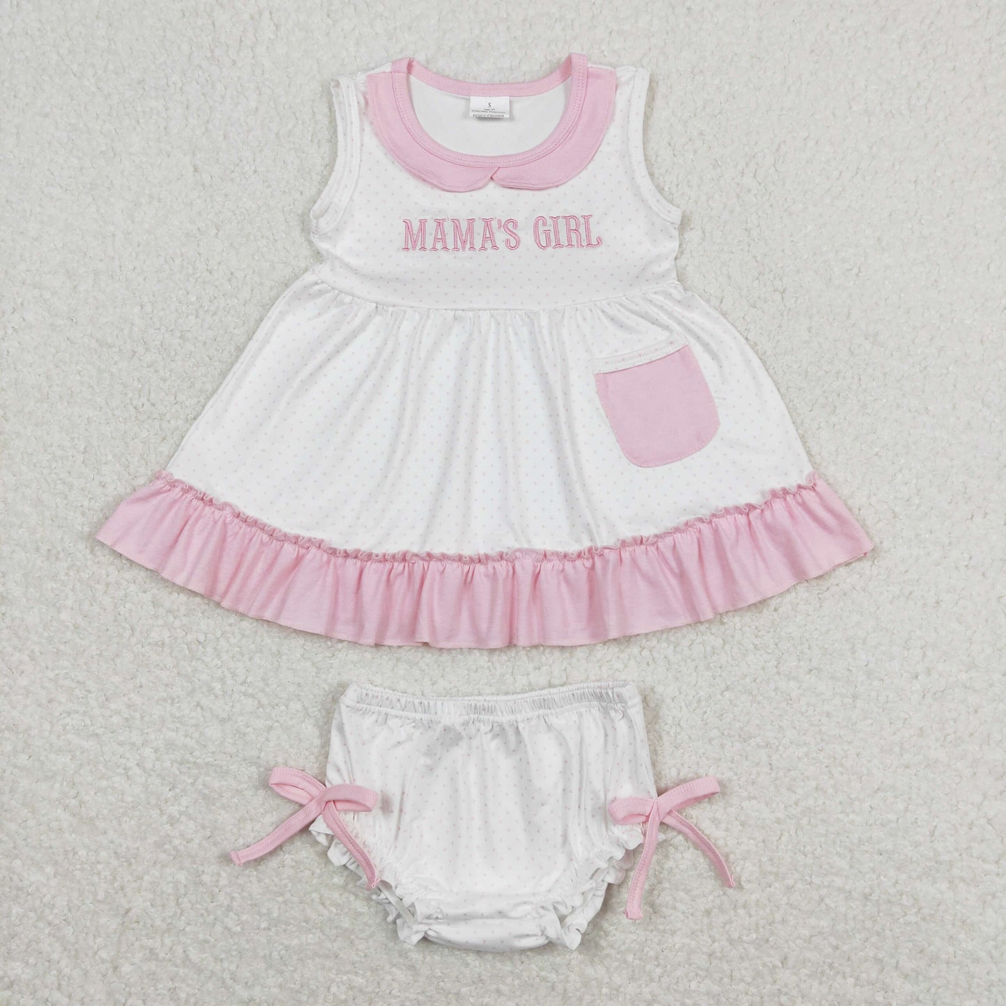 GBO0280 Mama's Girl Boutique Embroidered Pink Ruffle Pocket Sleeveless Top Briefs Set  RTS 202508