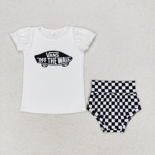 GBO0284 Skateboard short-sleeved black and white checkered briefs set high quality clothing sets girls for young girls