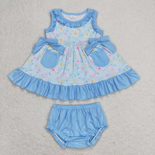 GBO0290 Flower Bows Pocket Ruffle Blue Sleeveless Girls Bummies Outfits RTS 202508