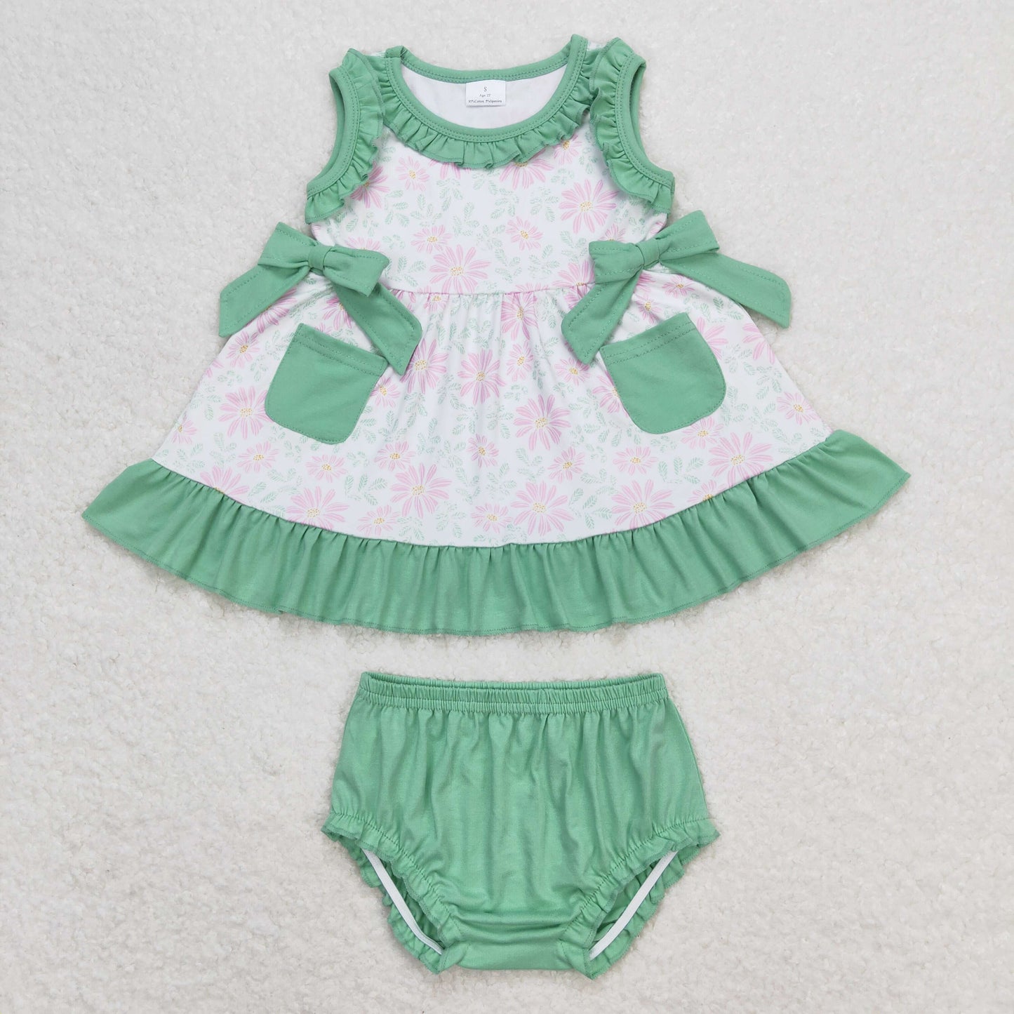 GBO0292 Flower Green Ruffle Pocket Sleeveless Girls Bummies Outfits RTS 202508