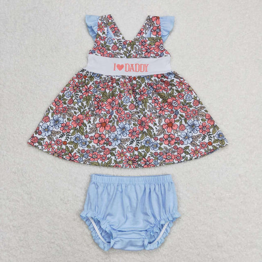 GBO0294 Embroidered I Love Daddy Flower Flying Sleeve Girls Bummies Outfits RTS 202508