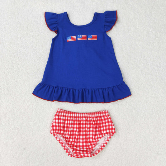 GBO0311 Embroidery flag bow navy blue flying sleeve red and white checkered briefs set high quality wholesale girls clothing