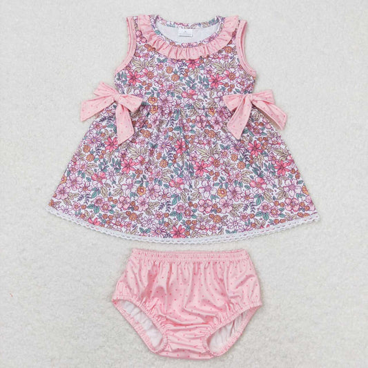 GBO0313 Flower Bows Ruffle Pink Sleeveless Girls Bummies Outfits RTS 202508