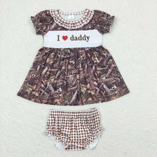 GBO0320 i love daddy Embroidered letters Brown plaid lace twigs and leaves short sleeve briefs cover kids girl clothing sets
