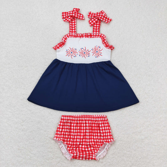 GBO0330 4th of July Fireworks Red Plaid Ruffle Halter Bummies Girls Sets RTS 202509