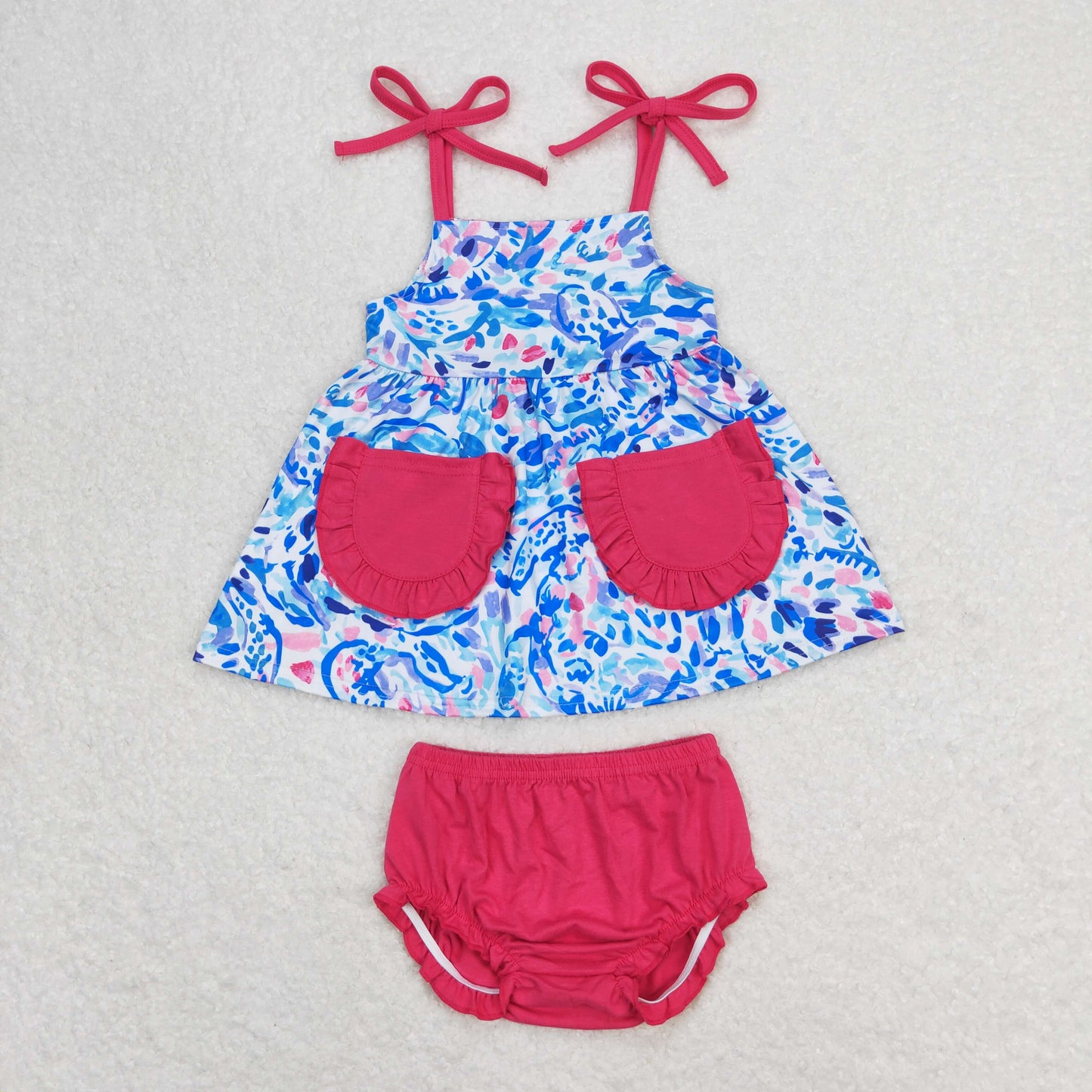 GBO0338 Rose Red Ruffle Pocket Halter Top Briefs Set Girls Boutique Outfits 202404 RTS