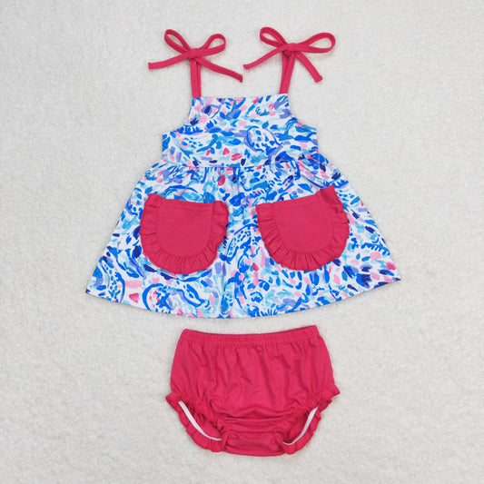 GBO0338 Rose Red Ruffle Pocket Halter Top Briefs Set Girls Boutique Outfits 202404 RTS