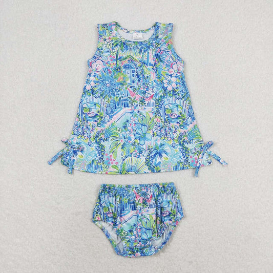 GBO0340 Floral blue sleeveless briefs suit kids clothing sets for girls children