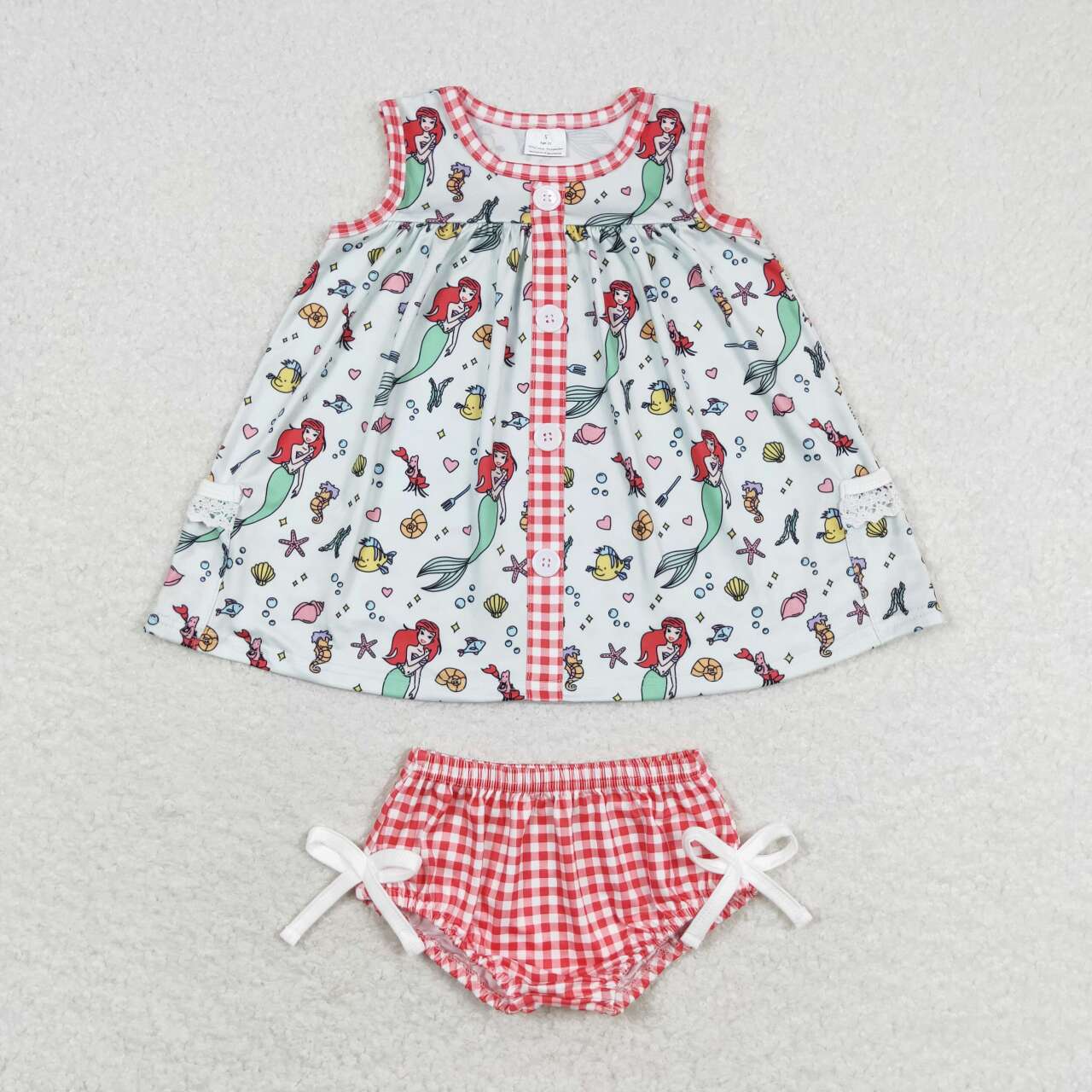 GBO0346 Mermaid Light Green Sleeveless Plaid Bummies Girls Sets RTS 202509