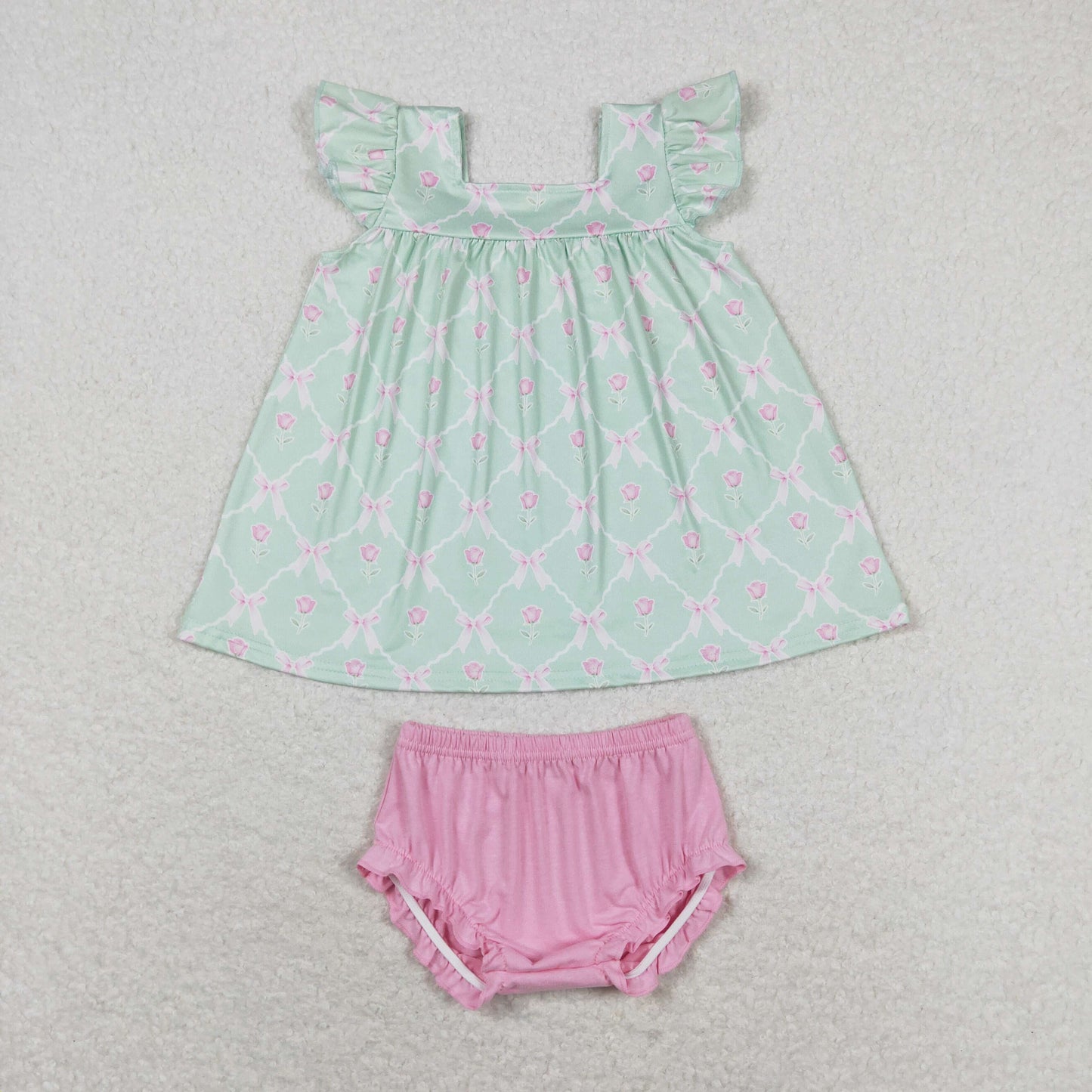 GBO0353 Flower bow green flying sleeve pink briefs set high quality baby girl clothing sets summer